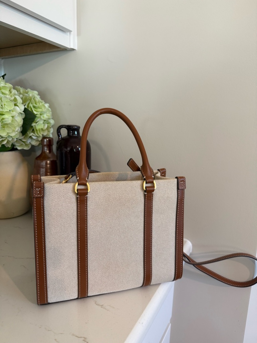 Tory Burch Beige Canvas Purse with Brown Leather Trim - Picture 6 of 13